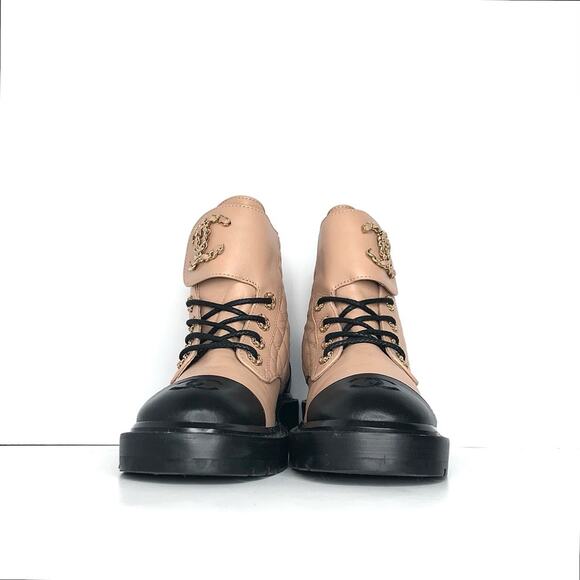 Chanel Quilted CC Logo Lambskin and Calfskin Cap Toe Combat Short Boots 36.5 - Picture 5 of 11